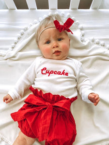 Cutie Pie, Dumplin', Cupcake on White long sleeve Onesies