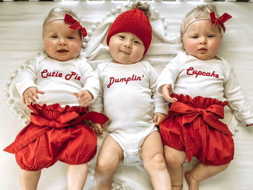 Cutie Pie, Dumplin', Cupcake on White long sleeve Onesies